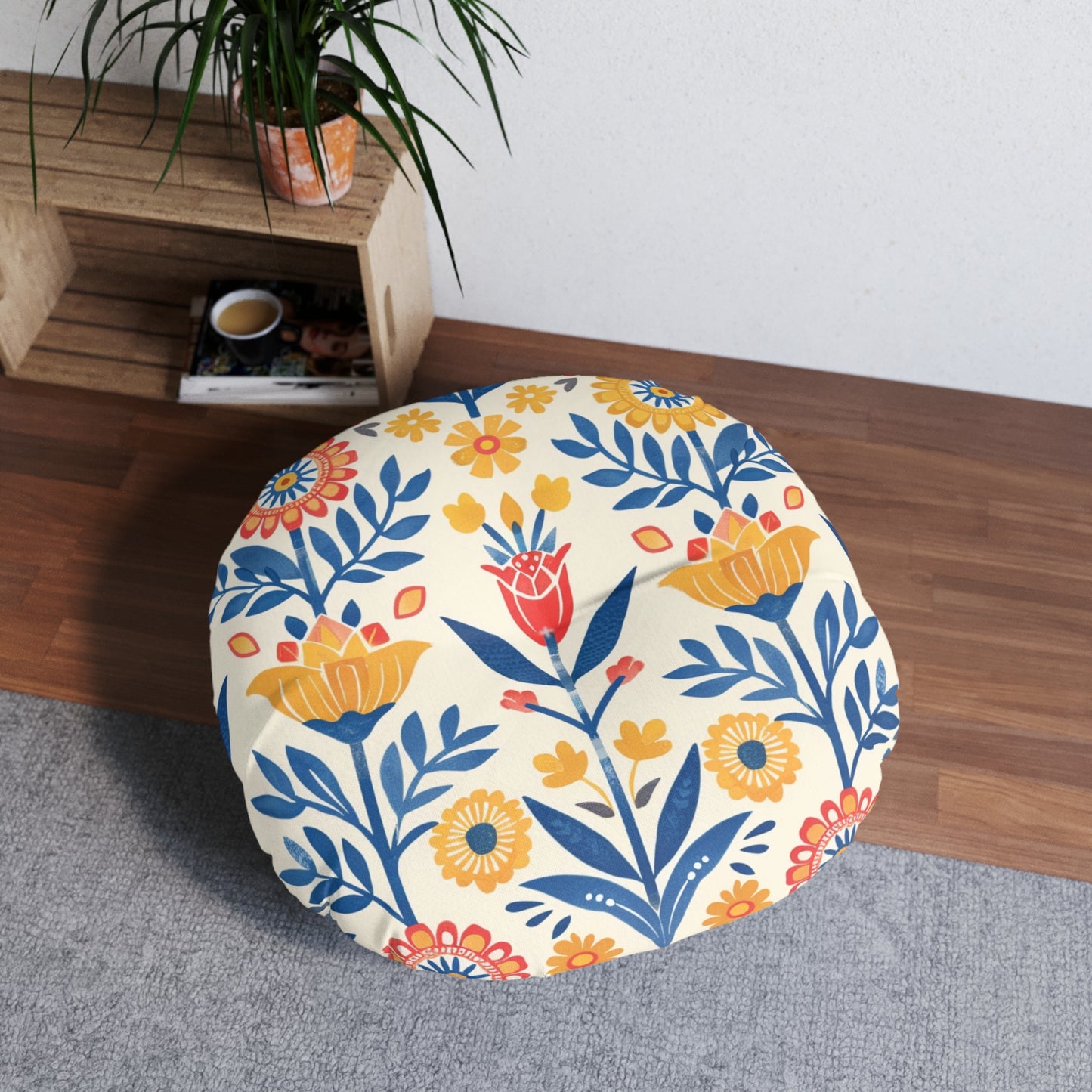 Floral Boho Round Tufted Floor Pillow