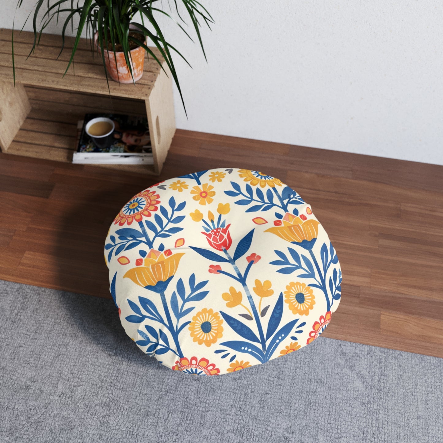 Floral Boho Round Tufted Floor Pillow